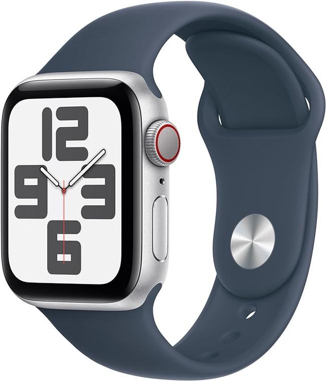 Apple Watch SE (GPS + Cellular) 40mm Silver Aluminium Case with Storm Blue Sport Band S/M (130-180mm wrist)
