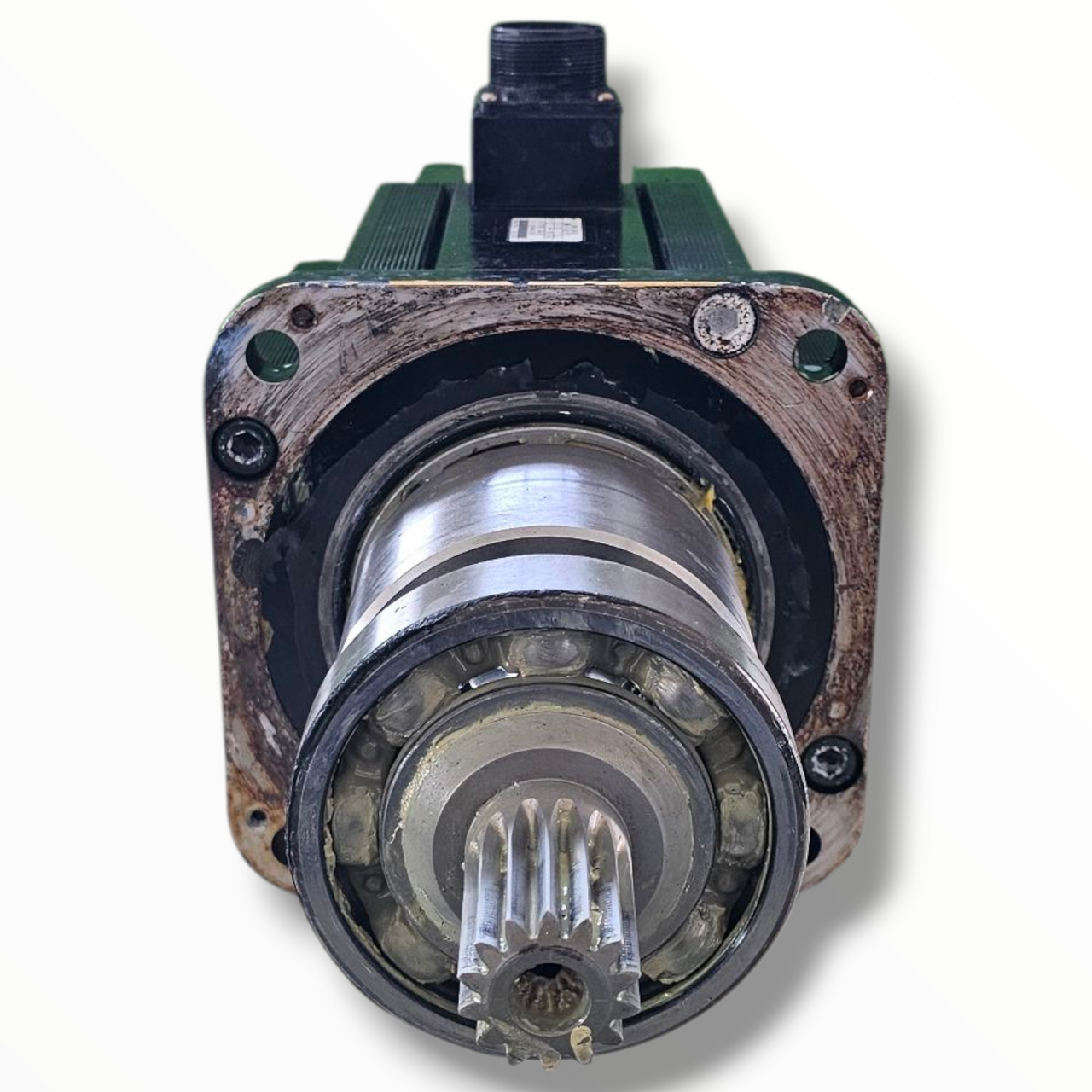 Full-length front view – motor shaft and industrial connector clearly displayed with nameplate visible on the body.