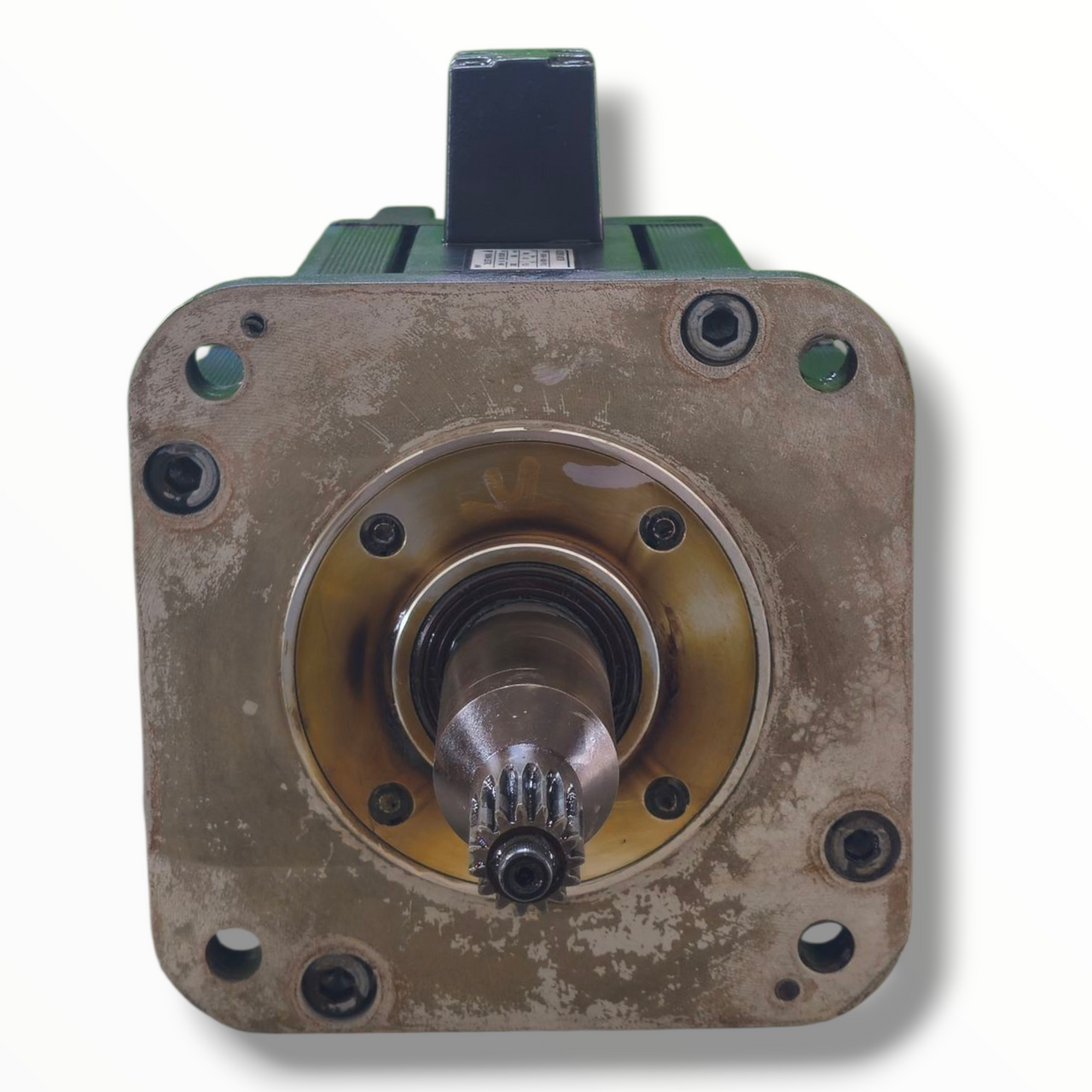 Front angle view of Yaskawa SGMGH-14A2A-YR12 servo motor with visible nameplate, connector housing, and extended shaft.