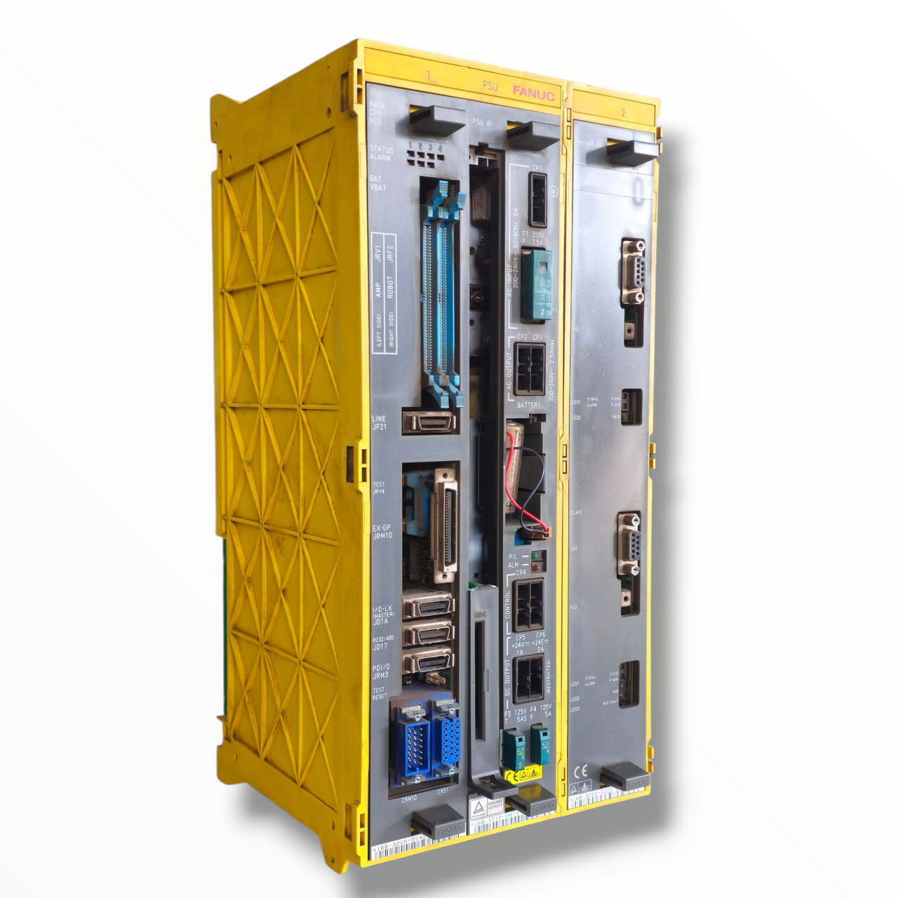Side view of Fanuc R-J2 yellow controller chassis – industrial robot controller unit