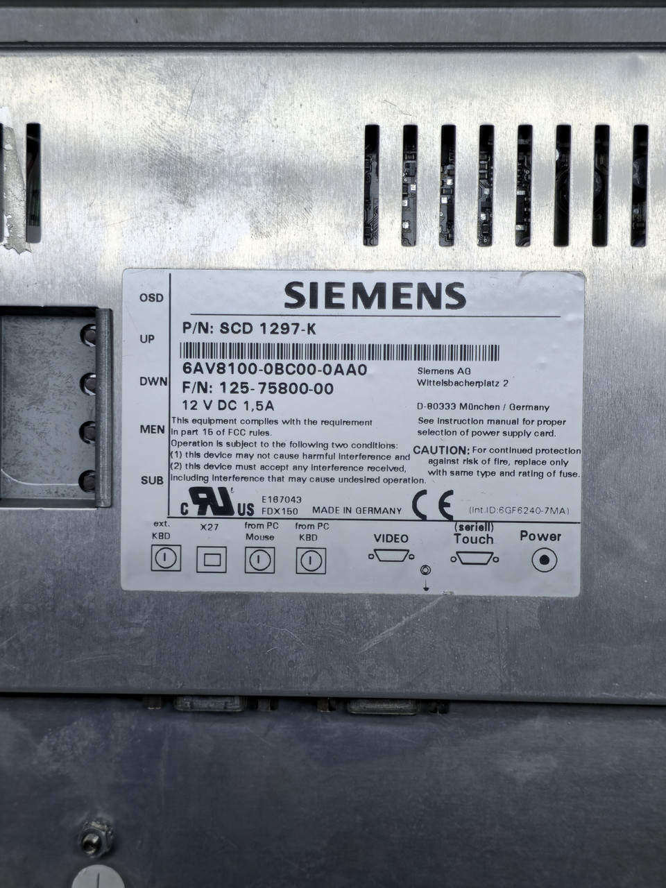 Siemens SIMATIC ITC1500 15.6" Widescreen HMI Panel | P/N: 6AV8100-0BC00-0AA0
