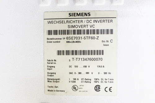 Siemens 6SE7031-5TF60-Z SIMOVERT MASTERDRIVES Vector Control Drive
