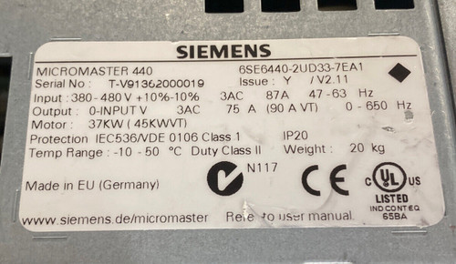 Siemens 6SE6440-2UD33-7EA1 MICROMASTER 440 37kW Inverter Drive