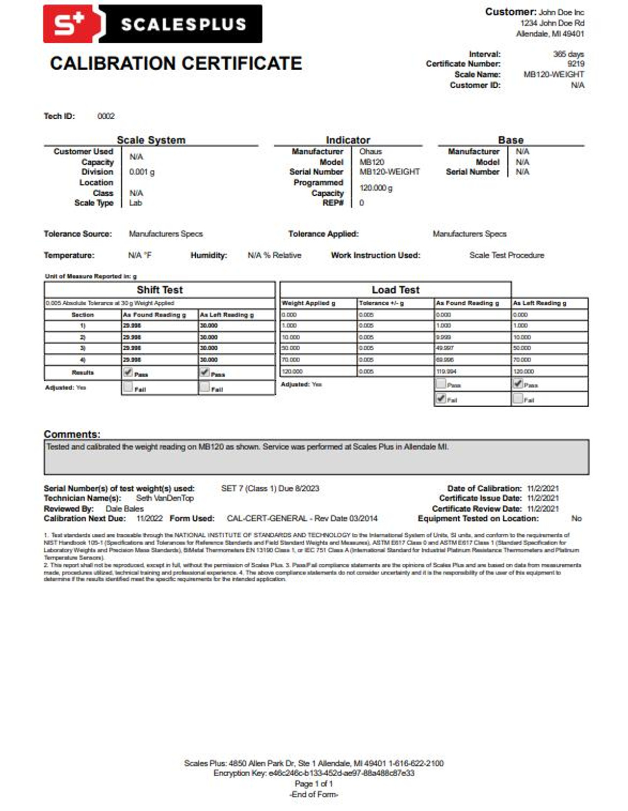 Moisture Analyzer NIST Traceable Calibration Reports (Temp & Weight