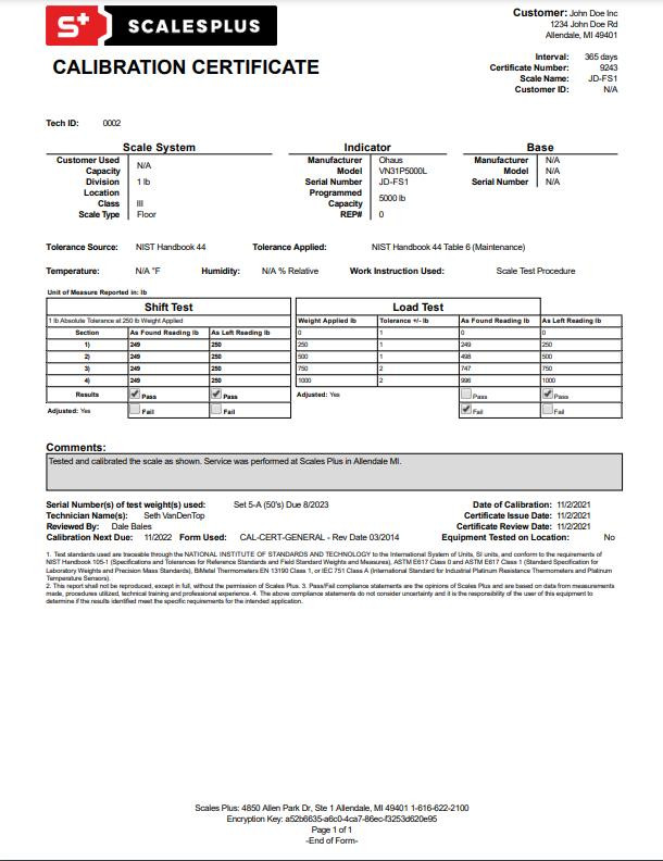 Scales Plus NIST Traceable Calibration Certificate, Up to 1000 lb