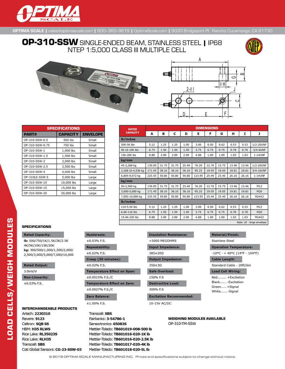 Optima OP-310-SSW-5 5000 lb Stainless Steel Single Ended Beam Load Cell ...