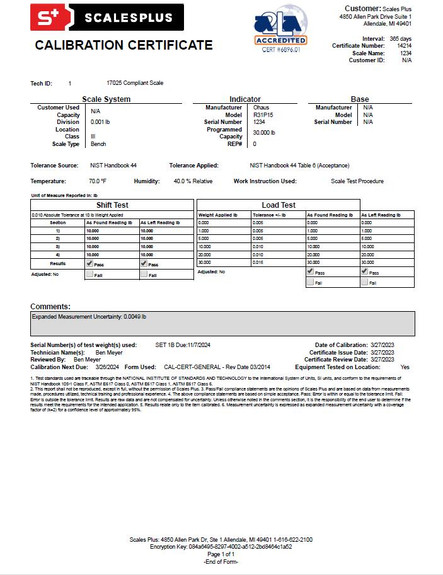 Scales Plus ISO 17025:2017 Accredited Calibration Certificate, Up to 3000 lb Test