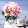 Pink Silk Hydrangea Flower Arrangement in Clear Glass Vase With Faux Water