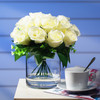 Cream Silk Open Rose Flower Arrangement in Clear Glass Vase With Faux Water