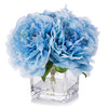 Blue Silk Peony Arrangement in Cube Glass Vase With Faux Water