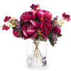 Wine Mixed Silk Peony Flower in  Glass Vase With Faux Water