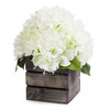 Cream Silk Hydrangea Flower Arrangement in Wood Planter