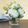 Mixed Cream Silk Peony Flower in  Cube Glass Vase With Faux Water