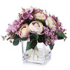 Mixed Purple Silk Ranunculus Flower in  Cube Glass Vase With Faux Water