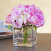 Mixed Pink Silk Peony and Hydrangea Flower in  Cube Glass Vase With Faux Water