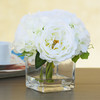 Mixed Cream Silk Peony and Hydrangea Flower in  Cube Glass Vase With Faux Water