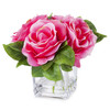 4 Large Heads Pink Red Velvet Rose Flower in  Cube Glass Vase With Faux Water