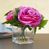 4 Large Heads Pink Red Velvet Rose Flower in  Cube Glass Vase With Faux Water