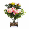 2 Large Pink Silk Rose Flower and Mixed Greenery in Clear Glass Vase with River Rock 