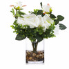 2 Large White Silk Rose Flower and Mixed Greenery in Clear Glass Vase with River Rock 