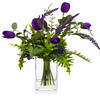 Purple Silk Tulip Flower and Mixed Greenery in Clear Glass Vase with Faux Water