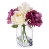 Purple Cream Silk Rose and Hydrangea Flower Arrangement in Glass Vase With Faux Water