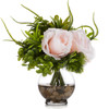  Artificial Pink Rose Flower and Mixed Eucalyptus Grass  in Clear Glass Vase With Faux Water 