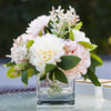 Artificial Silk Dahlia Flower Arrangement in Clear Glass Vase With Faux Water(Cream Pink)