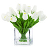 20 Pieces Artificial Real Touch Tulips Flower Arrangement in  Cube Glass Vase With Faux Water(White)