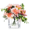  Mixed Artificial Dahlia Flower Arrangement in Cube Glass Vase With Faux Water(Pink)