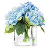 Mixed Artificial Rose Peony and Hydrangea Flower Arrangement in Cube Glass Vase With Faux Water(Blue)