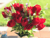 Red Velet Open Rose Faux Flower Arrangement With White  Ceramic Vase