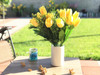 Yellow Tulip and Mixed Faux Flower Arrangements With White Ceramic Vase