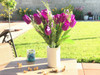 Purple Tulip and Mixed Faux Flower Arrangements With White Ceramic Vase