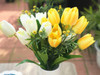 Yellow and Cream Tulip and Mixed Faux Flower Arrangements With White Ceramic Vase