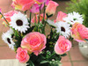 Pink Rose and Daisy Mixed Faux Flower Arrangements With White Ceramic Vase