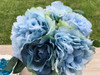 Blue Peony  Rose  and Hydrangea Mixed Faux Flower Arrangement With Clear Glass Vase