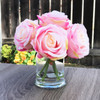 Pink 7  Heads Open Rose Silk Flower Arrangement in Clear Glass Vase with Faux Water