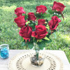 Red Open Rose Silk Flower Arrangement in Clear Glass Vase with Faux Water