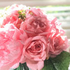 Pink  Rose and Peony Mixed Flower Arrangement in Round Glass Vase with Faux Water