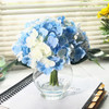 10 Stem Blue and Cream Silk Hydrangea Flower in Round Clear Glass Vase with Faux Water