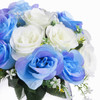 Blue and Cream Mixed Silk Open Rose Flower Arrangement  in Clear Glass Vase with Faux Water