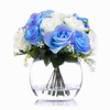 Blue and Cream Mixed Silk Open Rose Flower Arrangement  in Clear Glass Vase with Faux Water