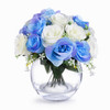 Blue and Cream Mixed Silk Open Rose Flower Arrangement  in Clear Glass Vase with Faux Water