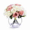 Pink and Cream Mixed Silk Open Rose Flower Arrangement  in Clear Glass Vase with Faux Water