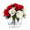 Red and Cream Mixed Silk Open Rose Flower Arrangement  in Clear Glass Vase with Faux Water
