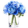 Blue Mixed Rose and Hydrangea Silk Flower Arrangement  in Clear Glass Vase with Faux Water 