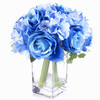 Blue Mixed Rose and Hydrangea Silk Flower Arrangement  in Clear Glass Vase with Faux Water 