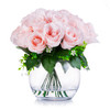 18 Heads Blush Silk Rose  Flower Arrangement in Clear Glass Vase with Faux Water