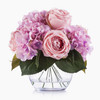 Pink Silk Hydrangea and Peony Flower Arrangement in Clear White Vase with Faux Water